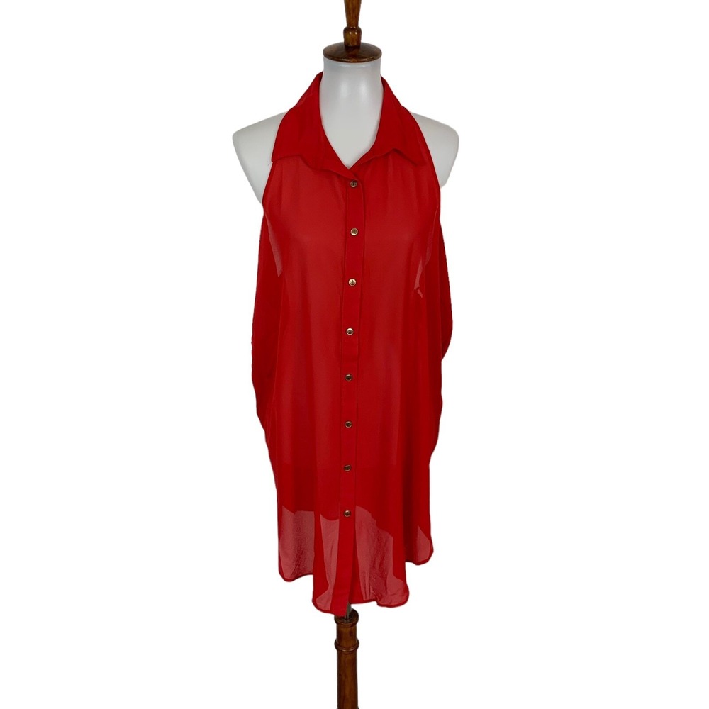 W By Wenjie Red Top Large Sleeveless Button Down‎ Bold Statement Cottagecore
